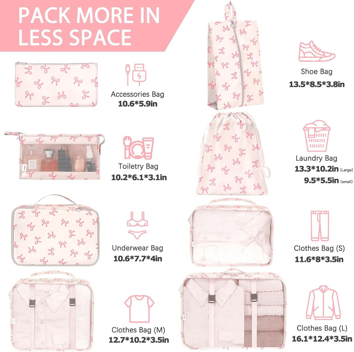 8 Set Packing Cubes for Travel, Luggage Packing Organizers Accessories Large Toiletries Bag for Clothes Shoes Cosmetics (8Set-Pink Bow)