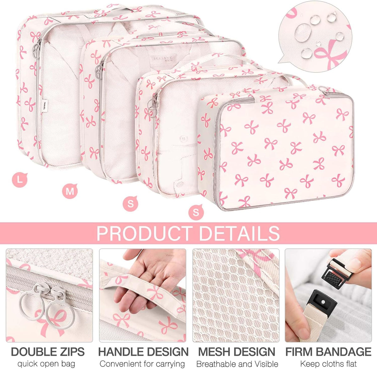 8 Set Packing Cubes for Travel, Luggage Packing Organizers Accessories Large Toiletries Bag for Clothes Shoes Cosmetics (8Set-Pink Bow)