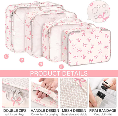 8 Set Packing Cubes for Travel, Luggage Packing Organizers Accessories Large Toiletries Bag for Clothes Shoes Cosmetics (8Set-Pink Bow)