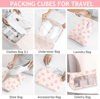 8 Set Packing Cubes for Travel, Luggage Packing Organizers Accessories Large Toiletries Bag for Clothes Shoes Cosmetics (8Set-Pink Bow)
