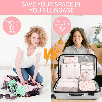 8 Set Packing Cubes for Travel, Luggage Packing Organizers Accessories Large Toiletries Bag for Clothes Shoes Cosmetics (8Set-Pink Bow)