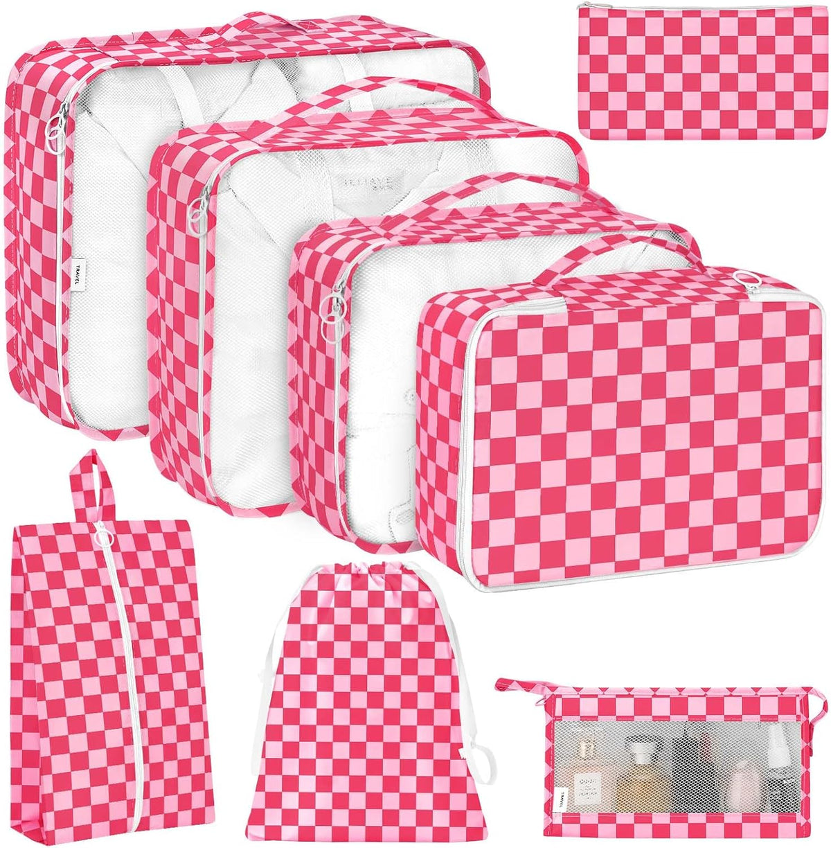 8 Set Packing Cubes for Travel, Luggage Packing Organizers Accessories Large Toiletries Bag for Clothes Shoes Cosmetics (8Set-Pink Bow)