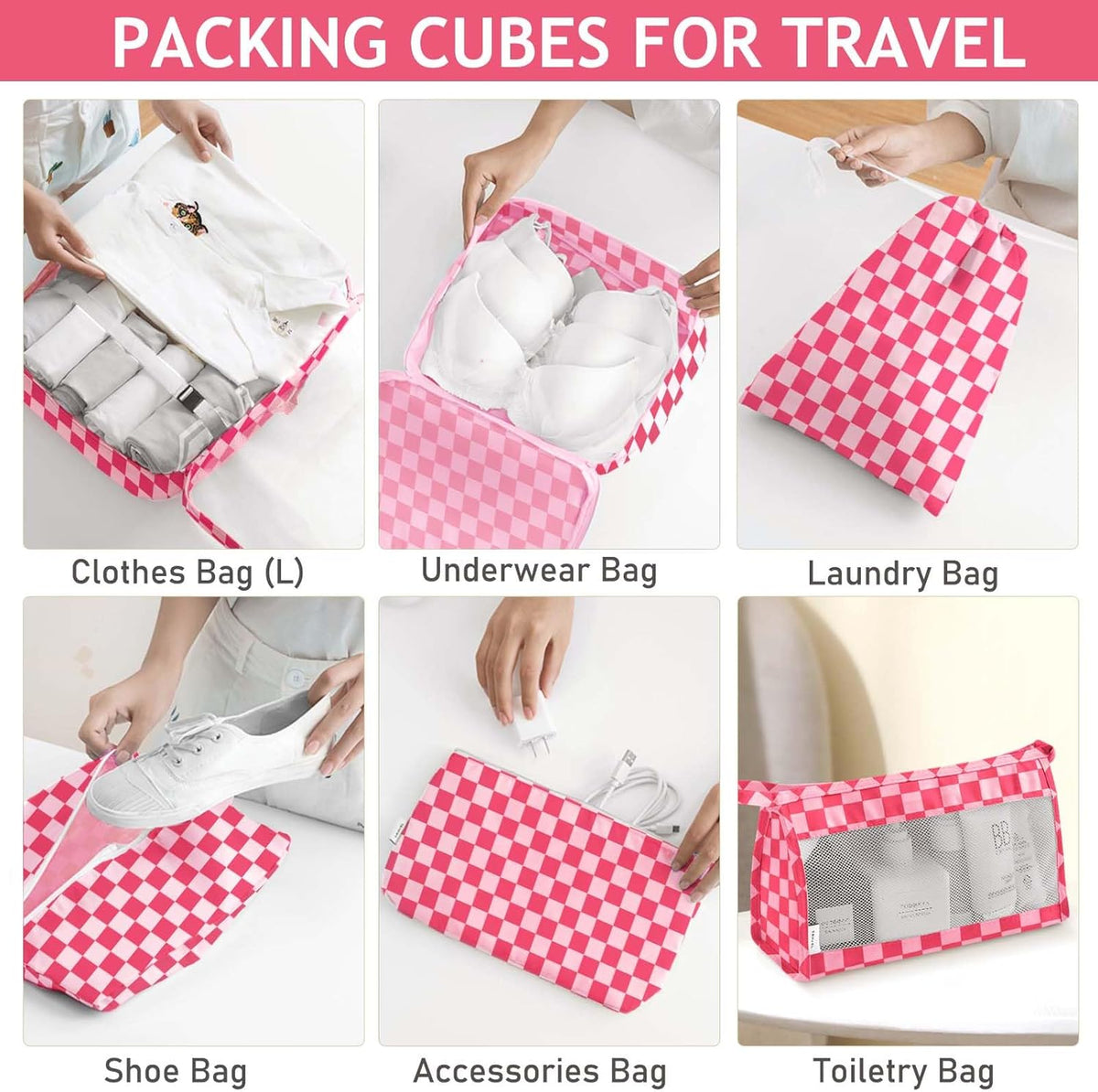8 Set Packing Cubes for Travel, Luggage Packing Organizers Accessories Large Toiletries Bag for Clothes Shoes Cosmetics (8Set-Pink Bow)