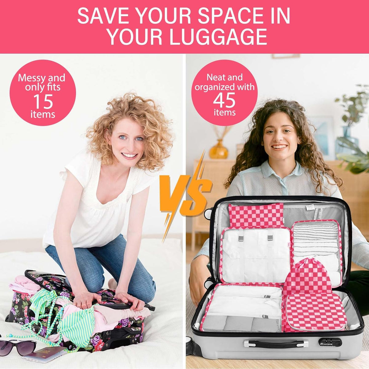 8 Set Packing Cubes for Travel, Luggage Packing Organizers Accessories Large Toiletries Bag for Clothes Shoes Cosmetics (8Set-Pink Bow)