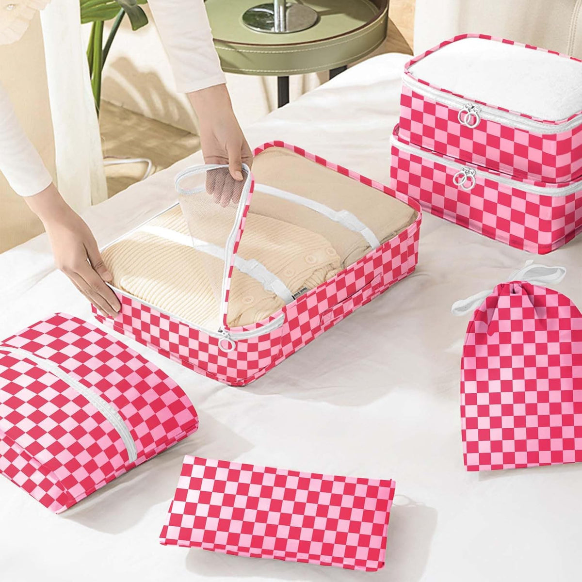 8 Set Packing Cubes for Travel, Luggage Packing Organizers Accessories Large Toiletries Bag for Clothes Shoes Cosmetics (8Set-Pink Bow)