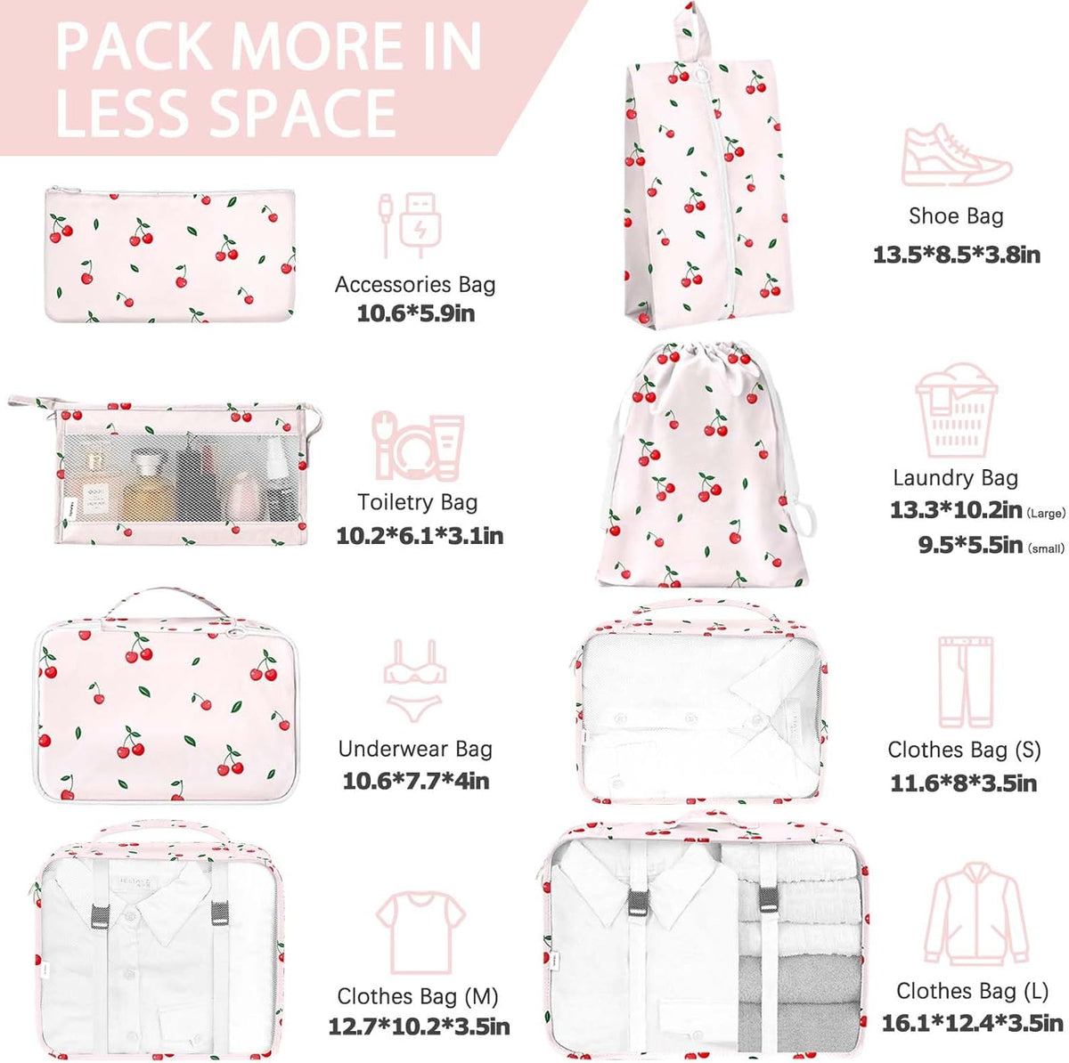 8 Set Packing Cubes for Travel, Luggage Packing Organizers Accessories Large Toiletries Bag for Clothes Shoes Cosmetics (8Set-Pink Bow)