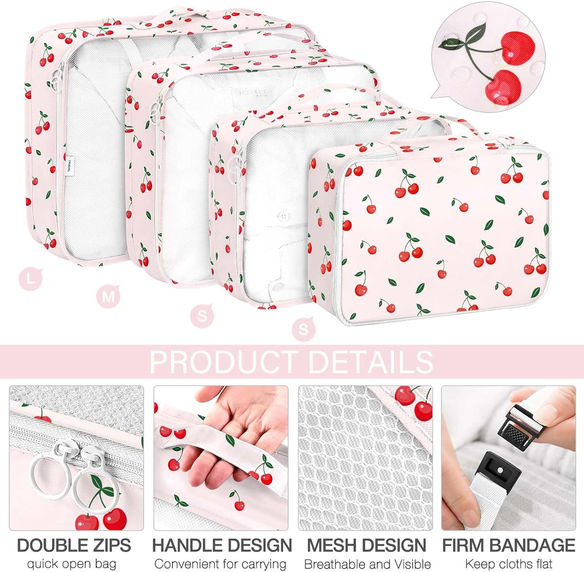 8 Set Packing Cubes for Travel, Luggage Packing Organizers Accessories Large Toiletries Bag for Clothes Shoes Cosmetics (8Set-Pink Bow)