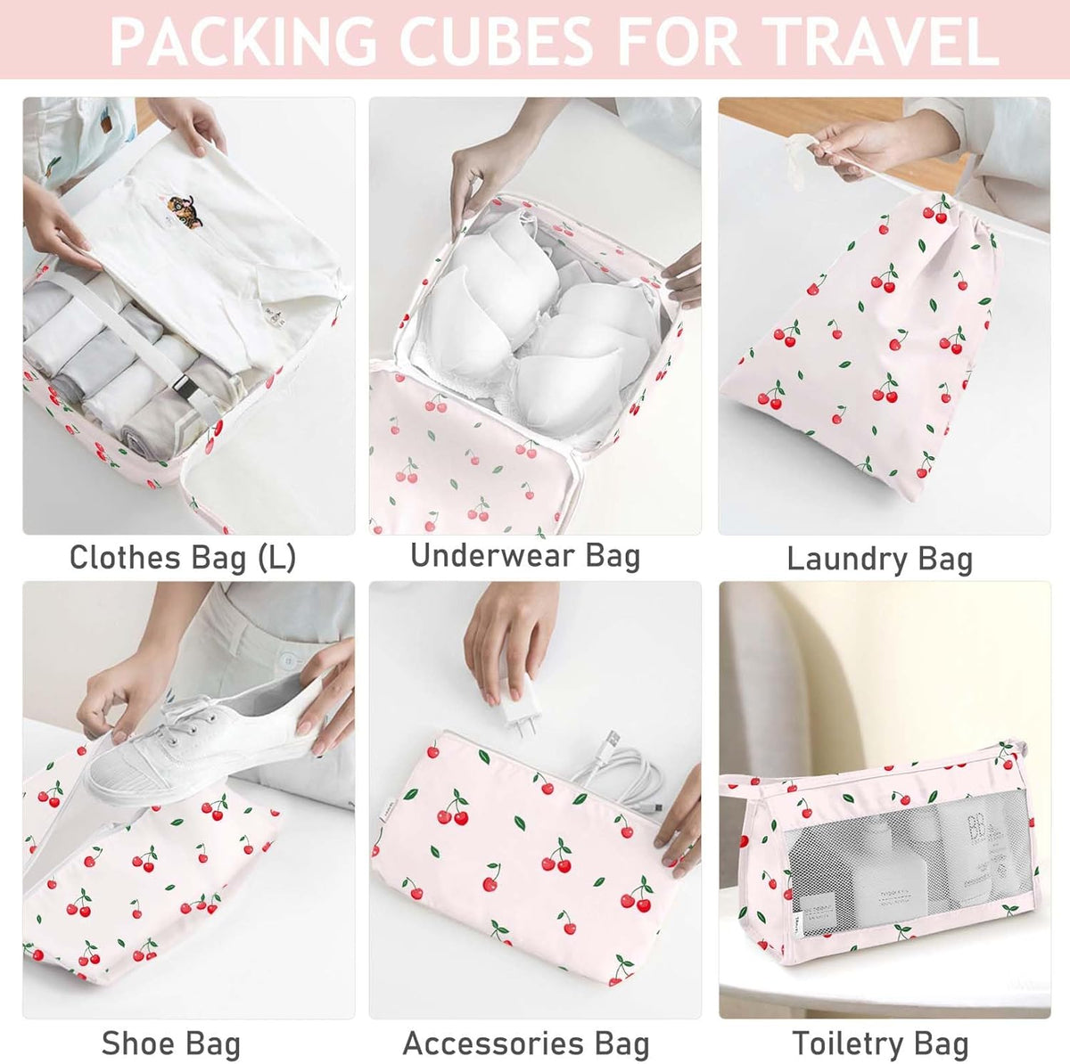 8 Set Packing Cubes for Travel, Luggage Packing Organizers Accessories Large Toiletries Bag for Clothes Shoes Cosmetics (8Set-Pink Bow)