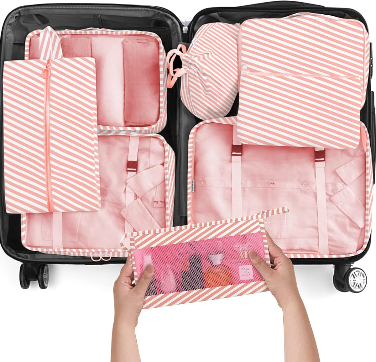 8 Set Packing Cubes for Travel, Luggage Packing Organizers Accessories Large Toiletries Bag for Clothes Shoes Cosmetics (8Set-Pink Bow)