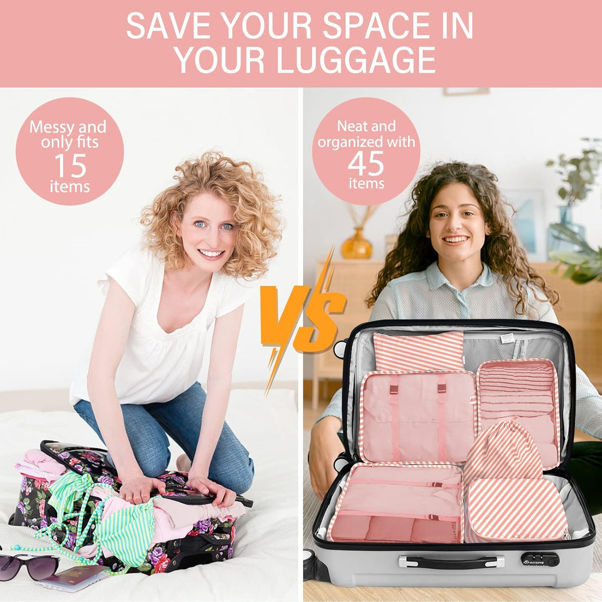 8 Set Packing Cubes for Travel, Luggage Packing Organizers Accessories Large Toiletries Bag for Clothes Shoes Cosmetics (8Set-Pink Bow)