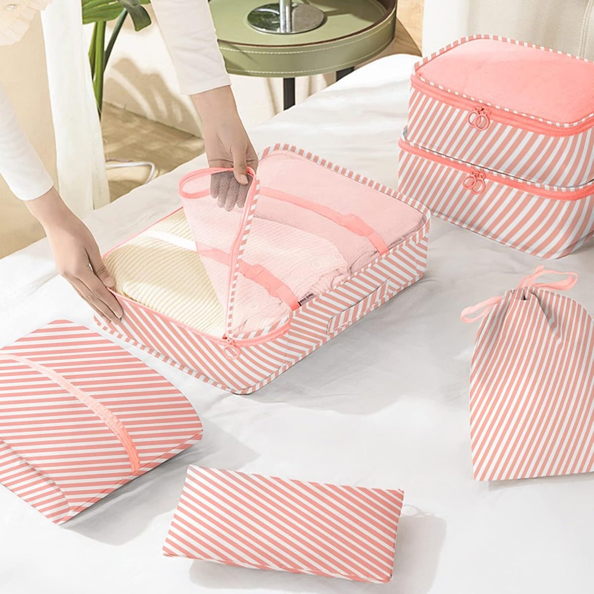 8 Set Packing Cubes for Travel, Luggage Packing Organizers Accessories Large Toiletries Bag for Clothes Shoes Cosmetics (8Set-Pink Bow)
