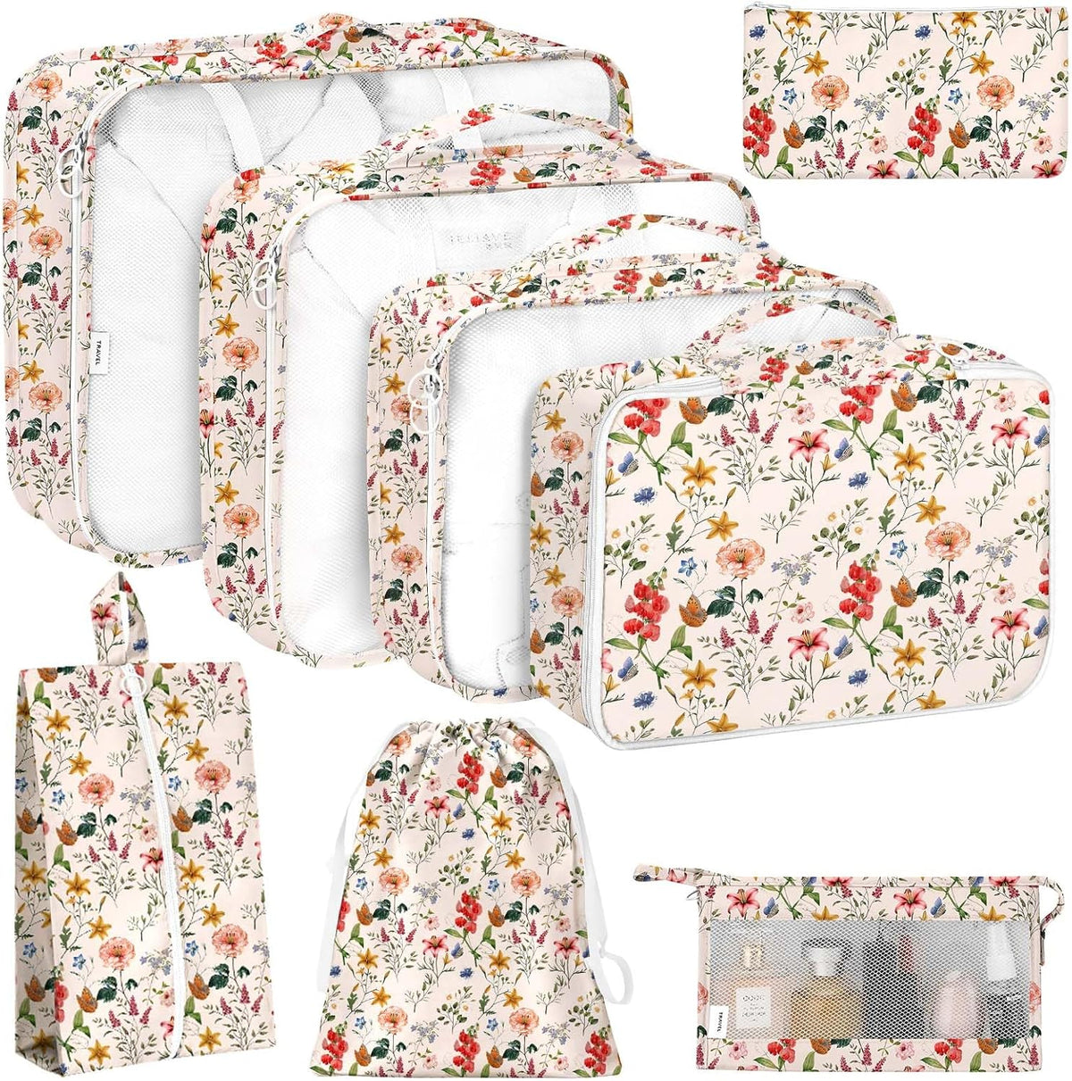 8 Set Packing Cubes for Travel, Luggage Packing Organizers Accessories Large Toiletries Bag for Clothes Shoes Cosmetics (8Set-Pink Bow)