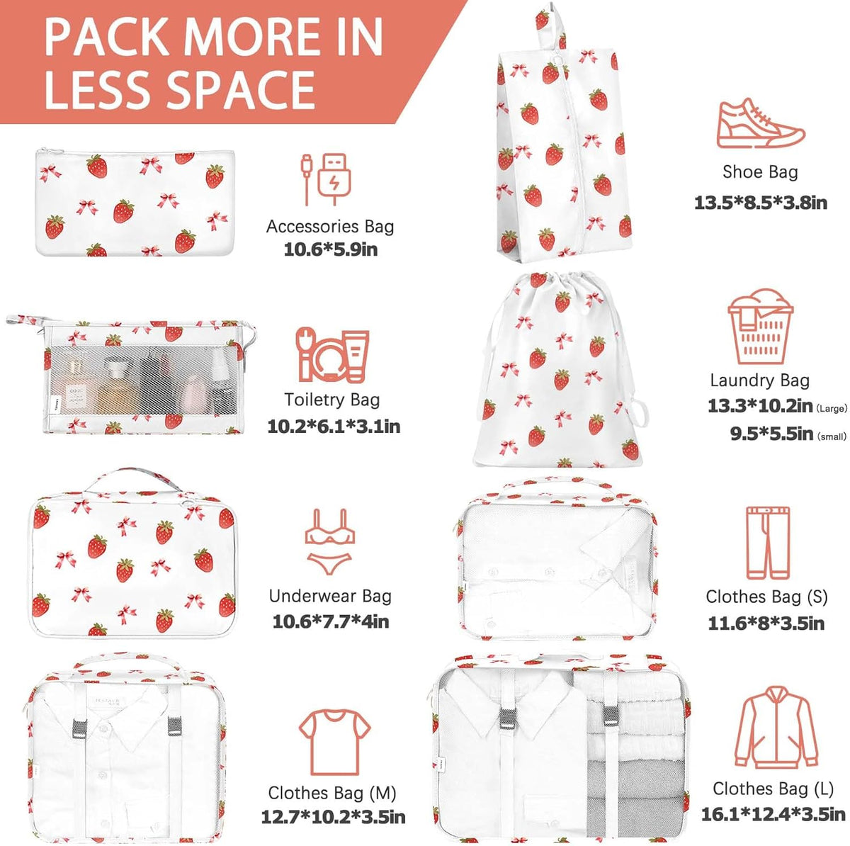 8 Set Packing Cubes for Travel, Luggage Packing Organizers Accessories Large Toiletries Bag for Clothes Shoes Cosmetics (8Set-Pink Bow)