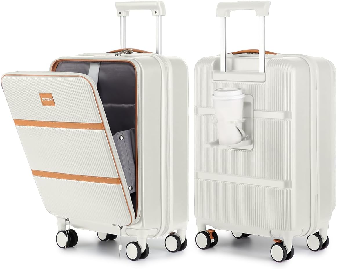 20 Inch Carry On Luggage with Front Pocket and Cup Holder, White | TSA Approved Suitcase, Laptop Compartment, Spinner Wheels With Brakes, ABS Hardside. Great For Frequent Business Travel
