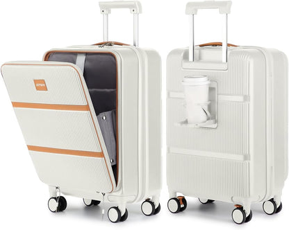 20 Inch Carry On Luggage with Front Pocket and Cup Holder, White | TSA Approved Suitcase, Laptop Compartment, Spinner Wheels With Brakes, ABS Hardside. Great For Frequent Business Travel