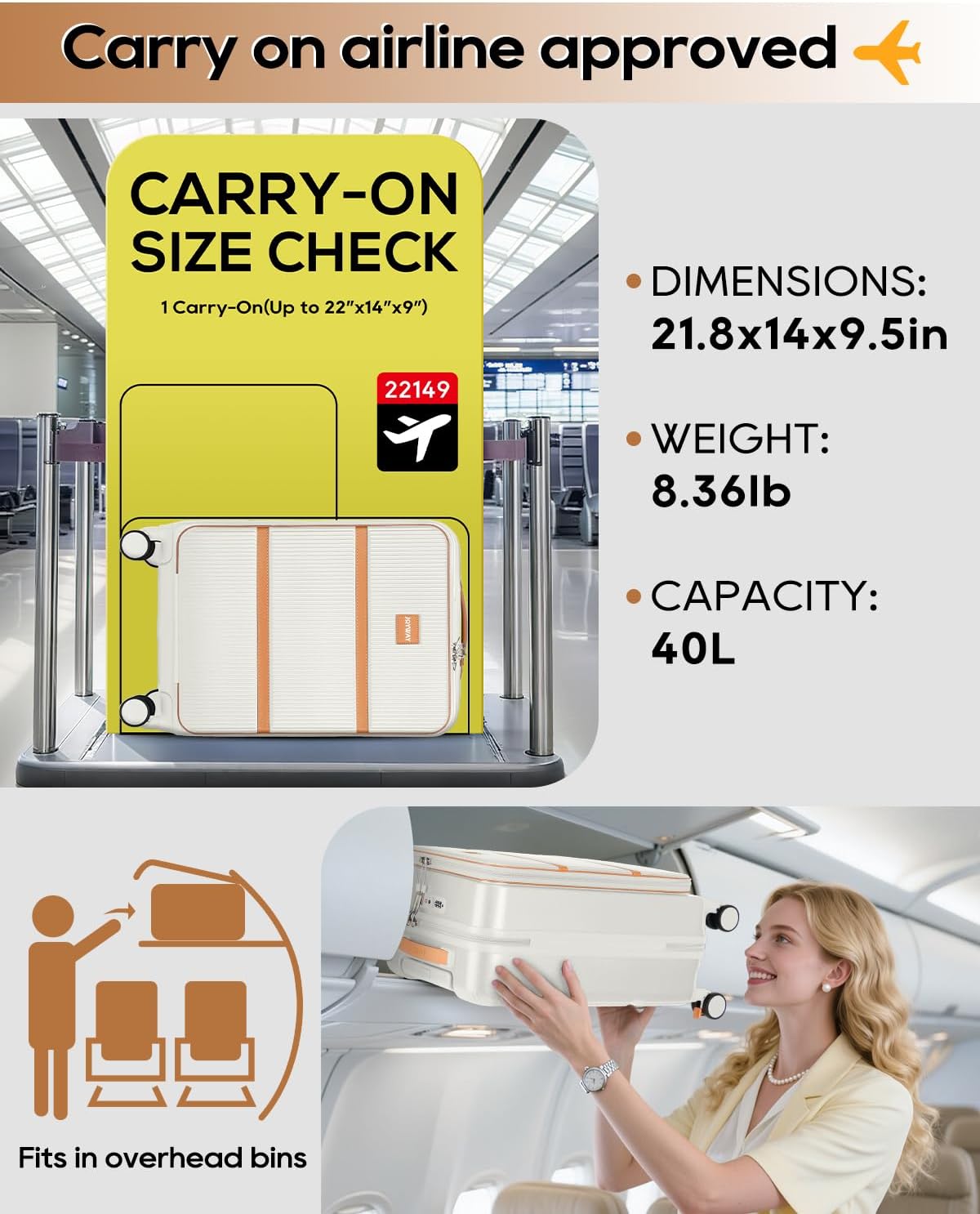20 Inch Carry On Luggage with Front Pocket and Cup Holder, White | TSA Approved Suitcase, Laptop Compartment, Spinner Wheels With Brakes, ABS Hardside. Great For Frequent Business Travel