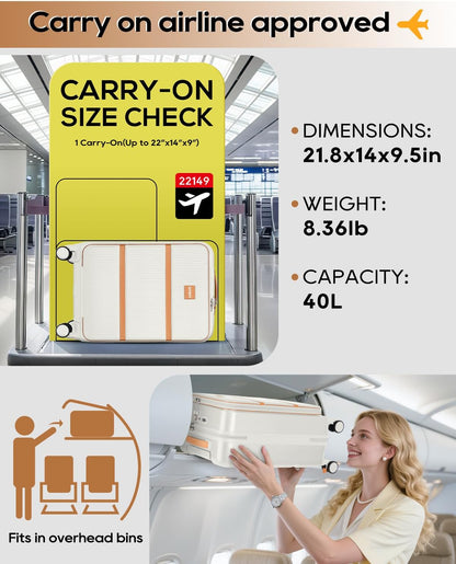 20 Inch Carry On Luggage with Front Pocket and Cup Holder, White | TSA Approved Suitcase, Laptop Compartment, Spinner Wheels With Brakes, ABS Hardside. Great For Frequent Business Travel