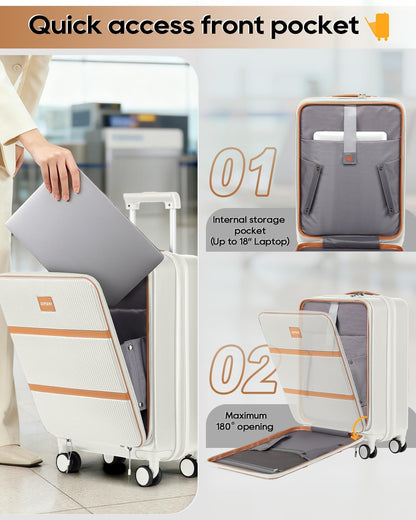 20 Inch Carry On Luggage with Front Pocket and Cup Holder, White | TSA Approved Suitcase, Laptop Compartment, Spinner Wheels With Brakes, ABS Hardside. Great For Frequent Business Travel