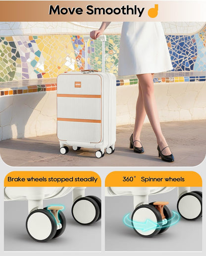 20 Inch Carry On Luggage with Front Pocket and Cup Holder, White | TSA Approved Suitcase, Laptop Compartment, Spinner Wheels With Brakes, ABS Hardside. Great For Frequent Business Travel
