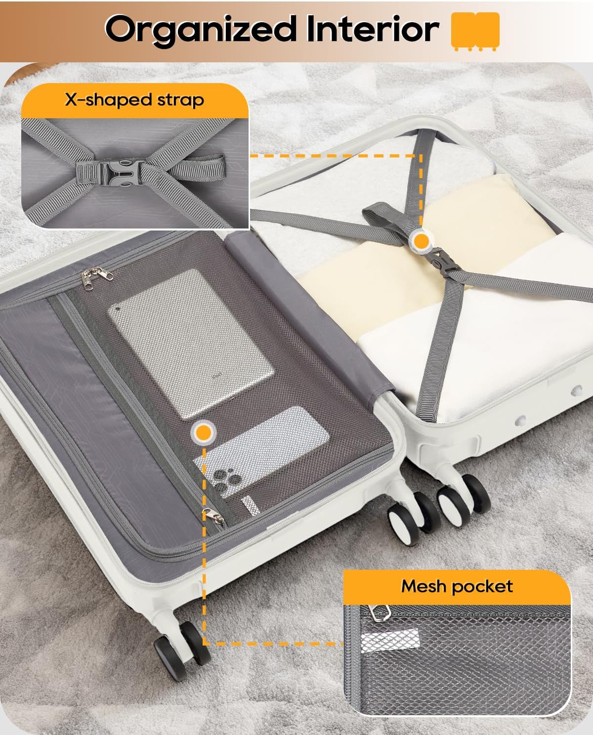 20 Inch Carry On Luggage with Front Pocket and Cup Holder, White | TSA Approved Suitcase, Laptop Compartment, Spinner Wheels With Brakes, ABS Hardside. Great For Frequent Business Travel