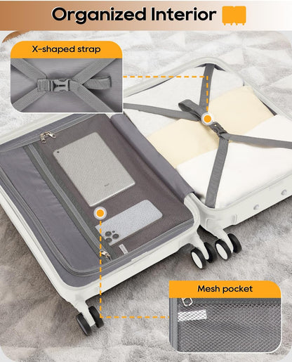 20 Inch Carry On Luggage with Front Pocket and Cup Holder, White | TSA Approved Suitcase, Laptop Compartment, Spinner Wheels With Brakes, ABS Hardside. Great For Frequent Business Travel