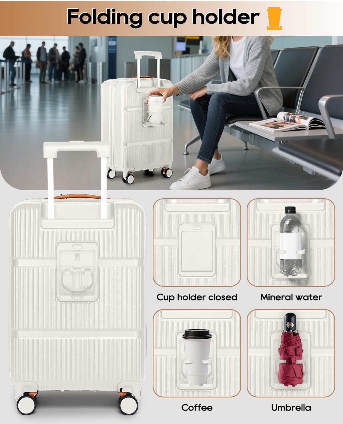 20 Inch Carry On Luggage with Front Pocket and Cup Holder, White | TSA Approved Suitcase, Laptop Compartment, Spinner Wheels With Brakes, ABS Hardside. Great For Frequent Business Travel