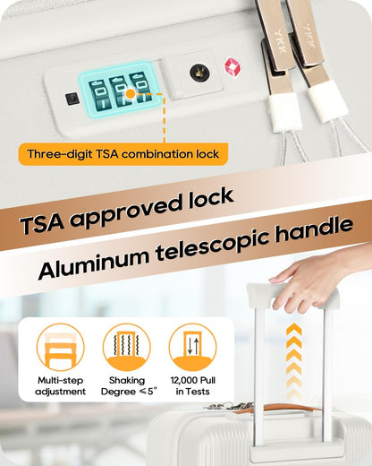 20 Inch Carry On Luggage with Front Pocket and Cup Holder, White | TSA Approved Suitcase, Laptop Compartment, Spinner Wheels With Brakes, ABS Hardside. Great For Frequent Business Travel