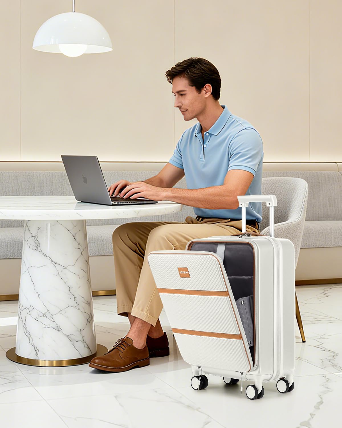 20 Inch Carry On Luggage with Front Pocket and Cup Holder, White | TSA Approved Suitcase, Laptop Compartment, Spinner Wheels With Brakes, ABS Hardside. Great For Frequent Business Travel