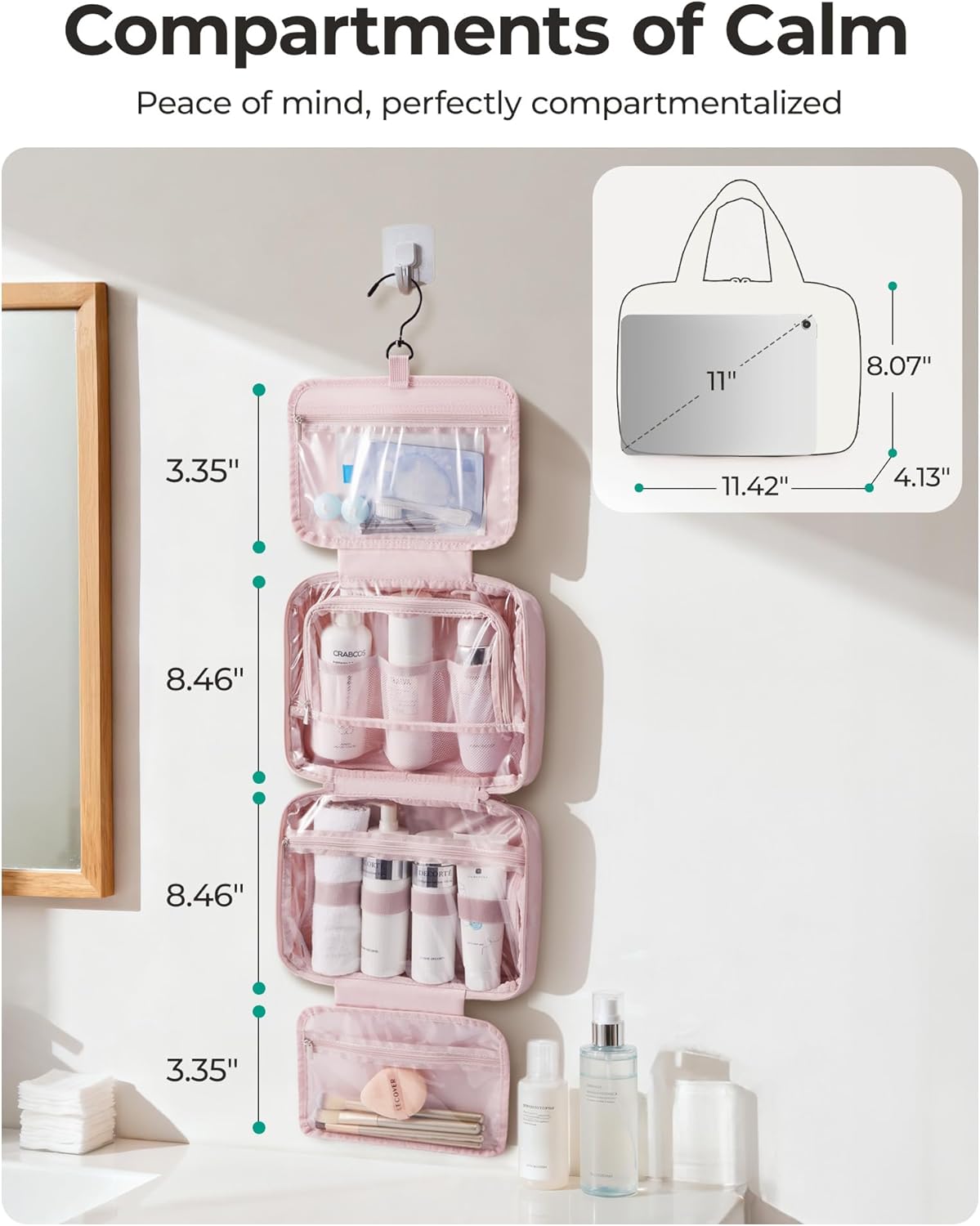 Travel Toiletry Bag for women, Portable Hanging Hook Makeup Bag Organizer, Waterproof Makeup Cosmetic Bag, for Full-Size Accessories, Toiletries,Black