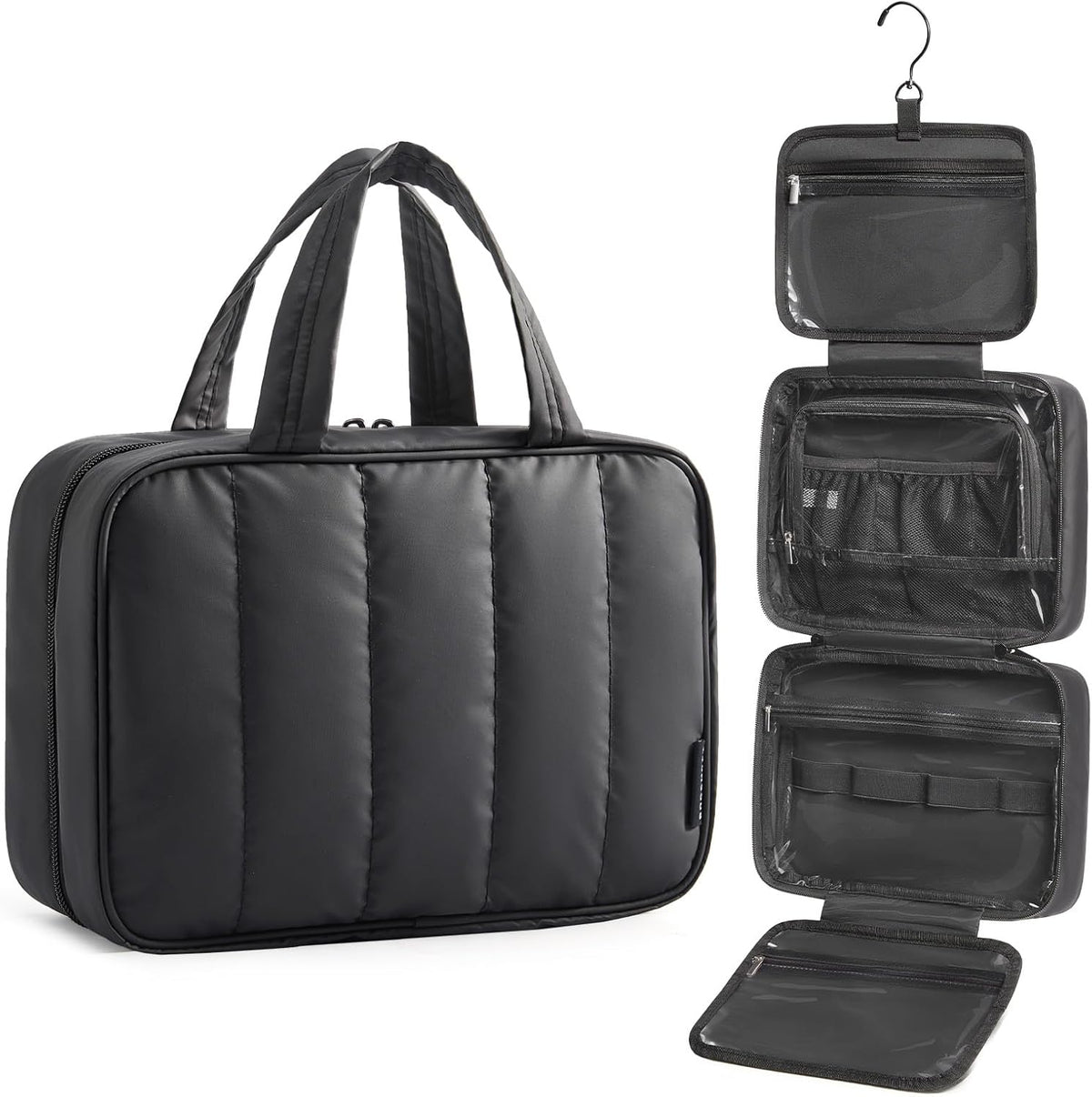 Travel Toiletry Bag for women, Portable Hanging Hook Makeup Bag Organizer, Waterproof Makeup Cosmetic Bag, for Full-Size Accessories, Toiletries,Black