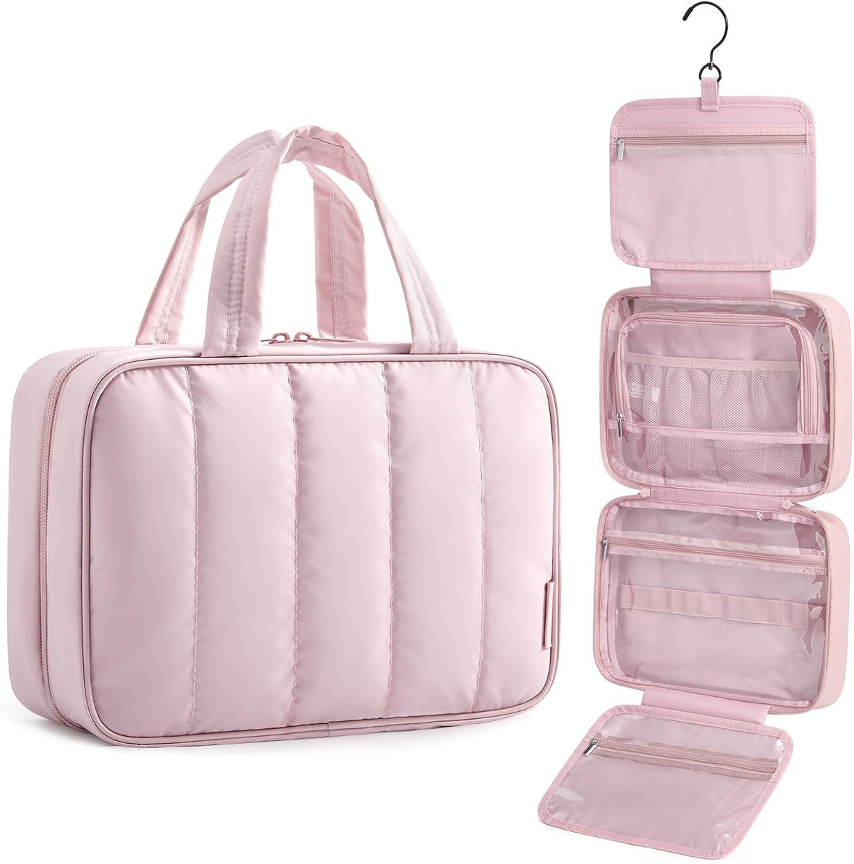 Travel Toiletry Bag for women, Portable Hanging Hook Makeup Bag Organizer, Waterproof Makeup Cosmetic Bag, for Full-Size Accessories, Toiletries,Black