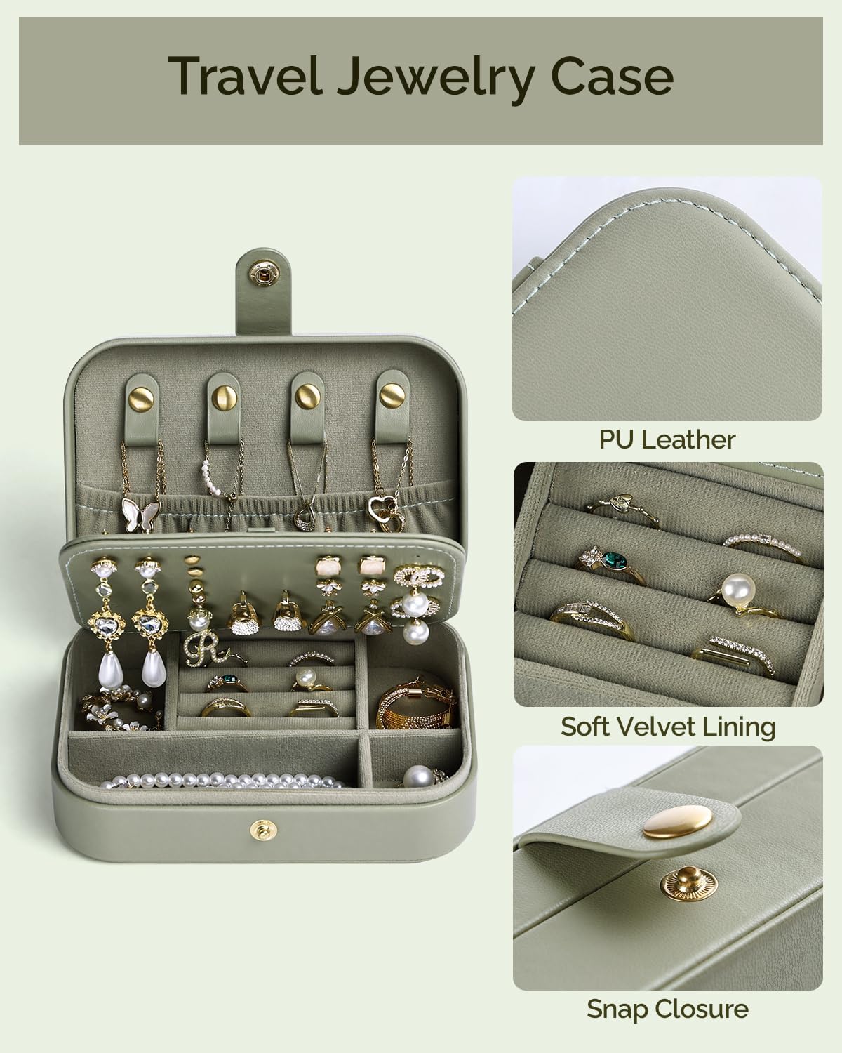 Jewelry Travel Case, Portable Travel Jewelry Box for Women, PU Leather, Snap Closure, Jewelry Holder Organizer Travel Essentials, Green