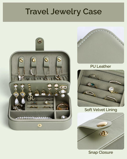 Jewelry Travel Case, Portable Travel Jewelry Box for Women, PU Leather, Snap Closure, Jewelry Holder Organizer Travel Essentials, Green