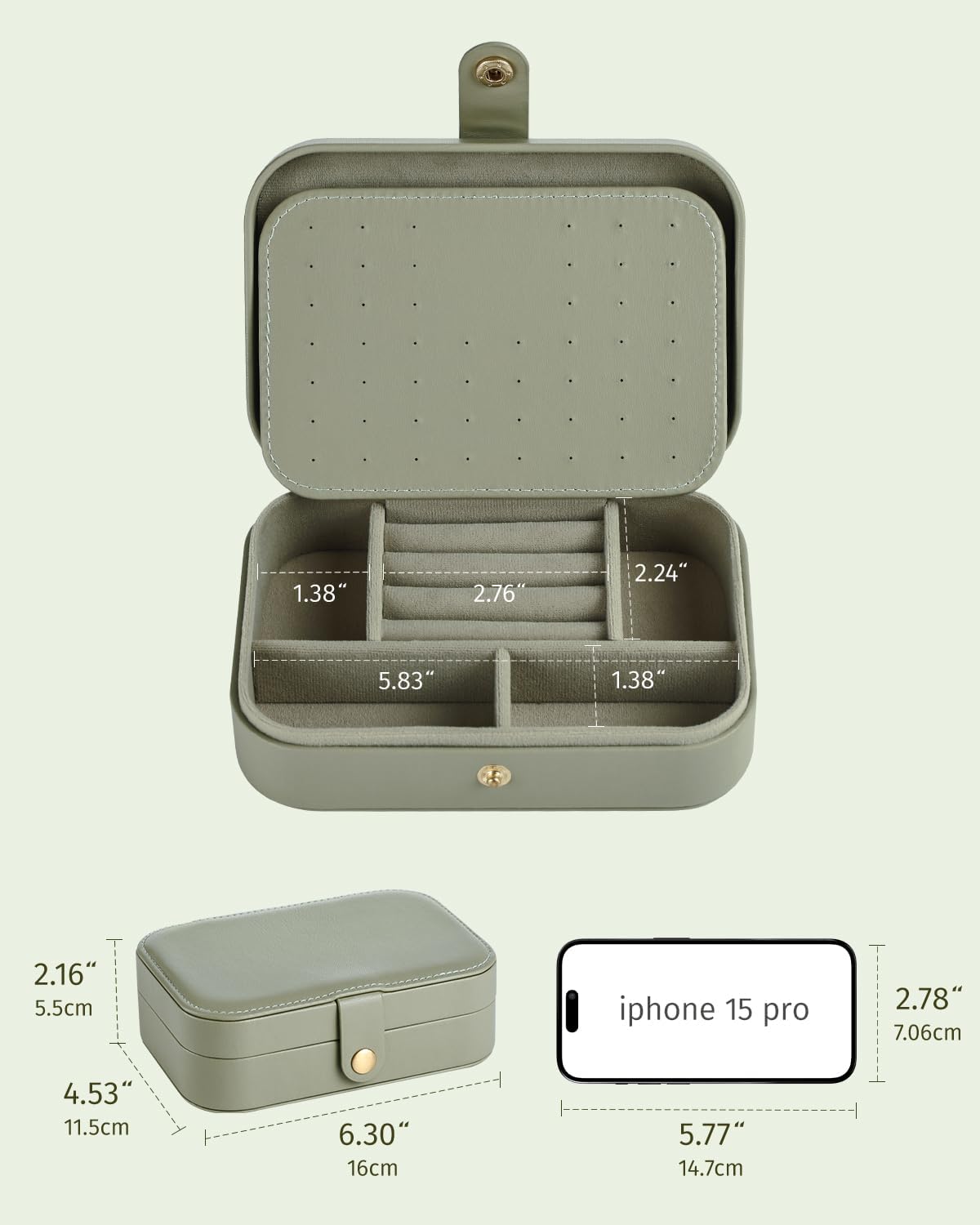 Jewelry Travel Case, Portable Travel Jewelry Box for Women, PU Leather, Snap Closure, Jewelry Holder Organizer Travel Essentials, Green