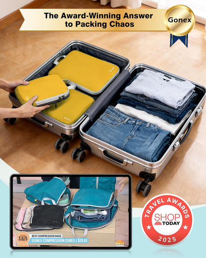 Compression Packing Cubes, 4pcs Expandable Storage Travel Luggage Bags Organizers (Deep Gray)