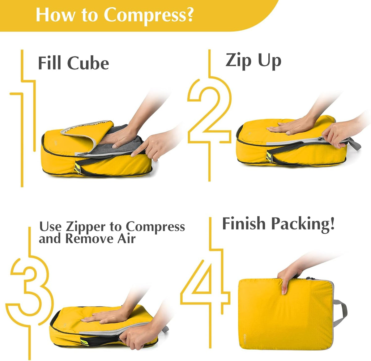 Compression Packing Cubes, 4pcs Expandable Storage Travel Luggage Bags Organizers (Deep Gray)