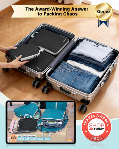 Compression Packing Cubes, 4pcs Expandable Storage Travel Luggage Bags Organizers (Deep Gray)