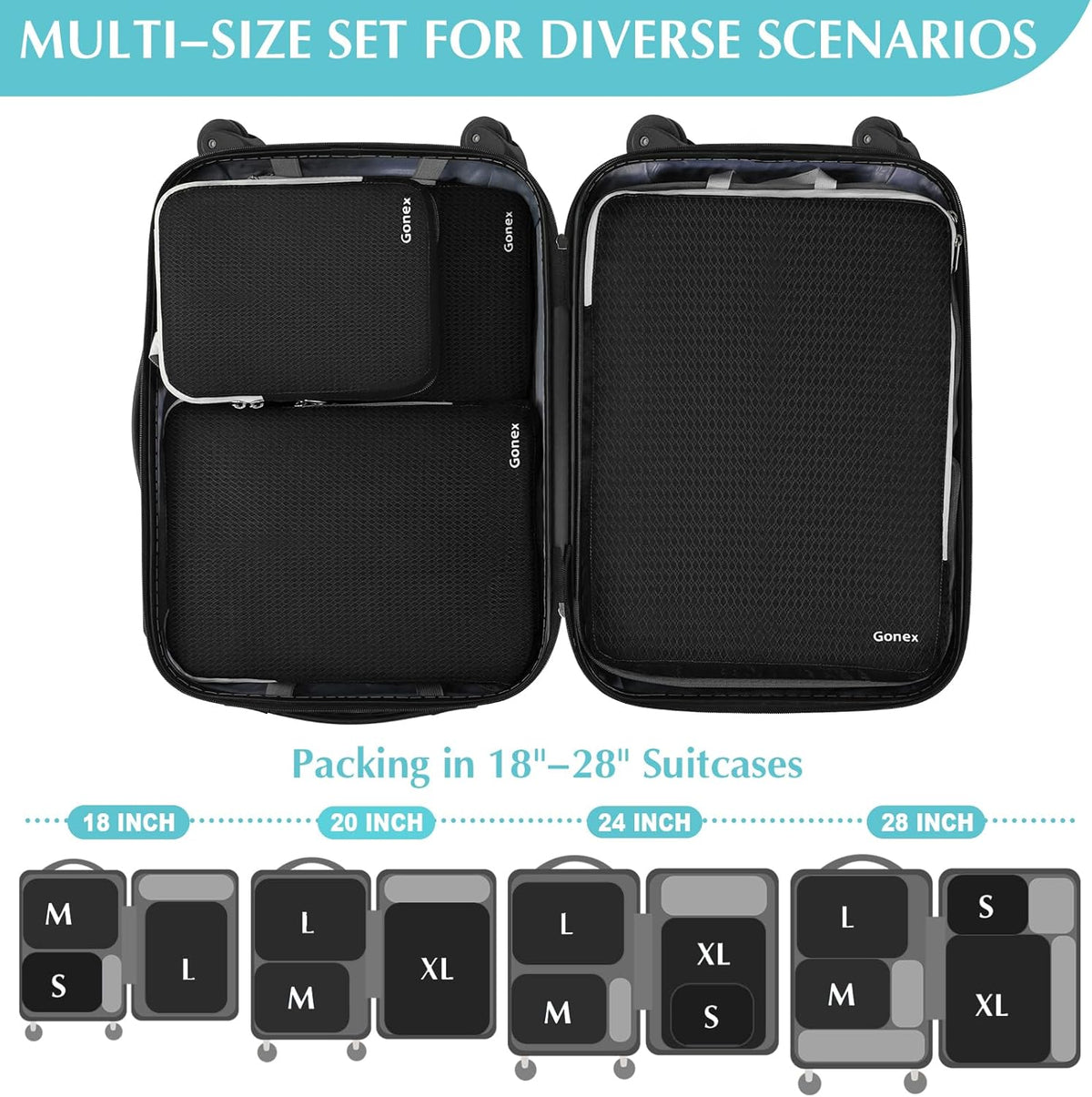 Compression Packing Cubes, 4pcs Expandable Storage Travel Luggage Bags Organizers (Deep Gray)
