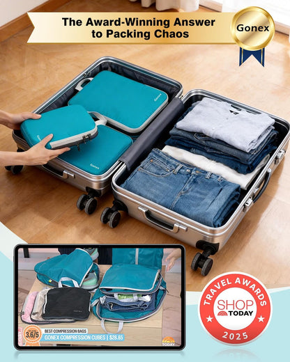 Compression Packing Cubes, 4pcs Expandable Storage Travel Luggage Bags Organizers (Deep Gray)
