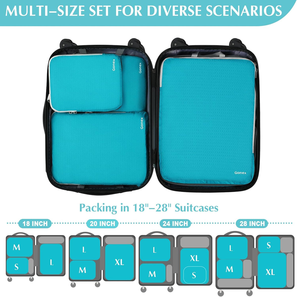 Compression Packing Cubes, 4pcs Expandable Storage Travel Luggage Bags Organizers (Deep Gray)