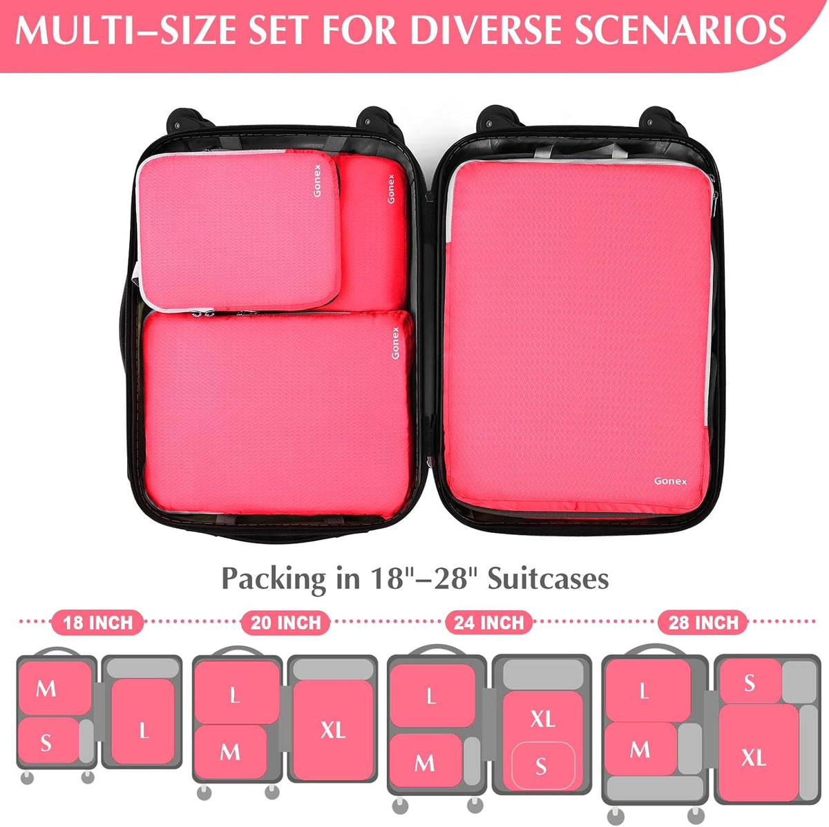 Compression Packing Cubes, 4pcs Expandable Storage Travel Luggage Bags Organizers (Deep Gray)