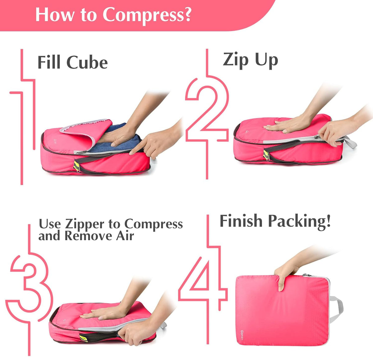 Compression Packing Cubes, 4pcs Expandable Storage Travel Luggage Bags Organizers (Deep Gray)