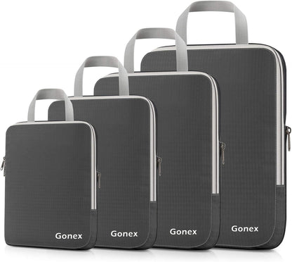 Compression Packing Cubes, 4pcs Expandable Storage Travel Luggage Bags Organizers (Deep Gray)