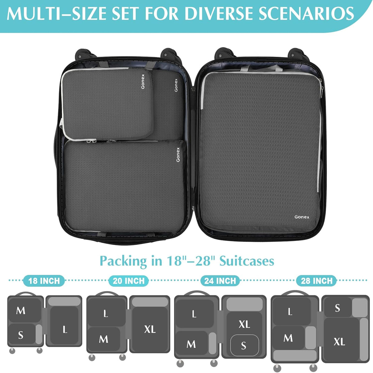 Compression Packing Cubes, 4pcs Expandable Storage Travel Luggage Bags Organizers (Deep Gray)