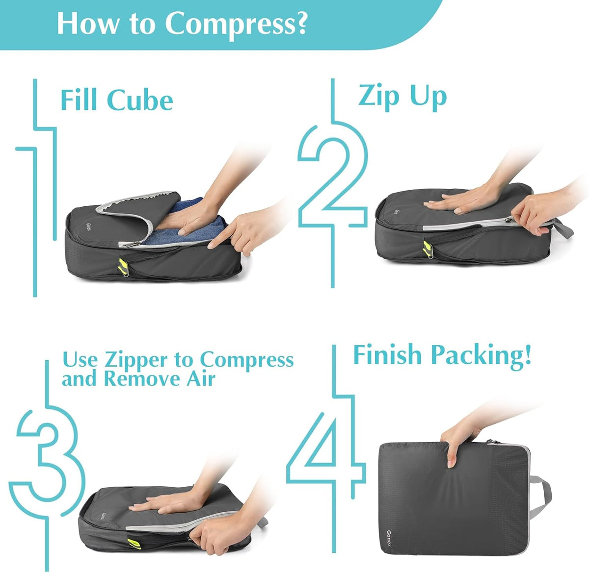 Compression Packing Cubes, 4pcs Expandable Storage Travel Luggage Bags Organizers (Deep Gray)