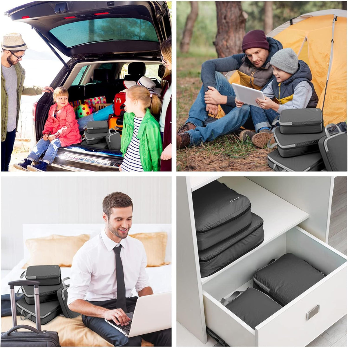 Compression Packing Cubes, 4pcs Expandable Storage Travel Luggage Bags Organizers (Deep Gray)