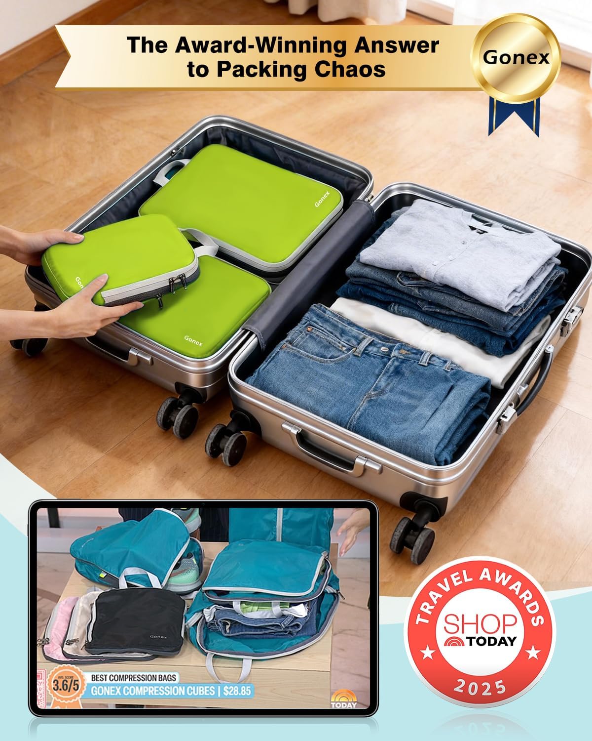 Compression Packing Cubes, 4pcs Expandable Storage Travel Luggage Bags Organizers (Deep Gray)