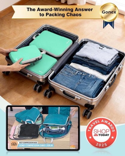 Compression Packing Cubes, 4pcs Expandable Storage Travel Luggage Bags Organizers (Deep Gray)