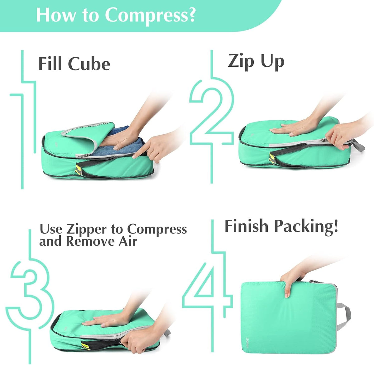 Compression Packing Cubes, 4pcs Expandable Storage Travel Luggage Bags Organizers (Deep Gray)