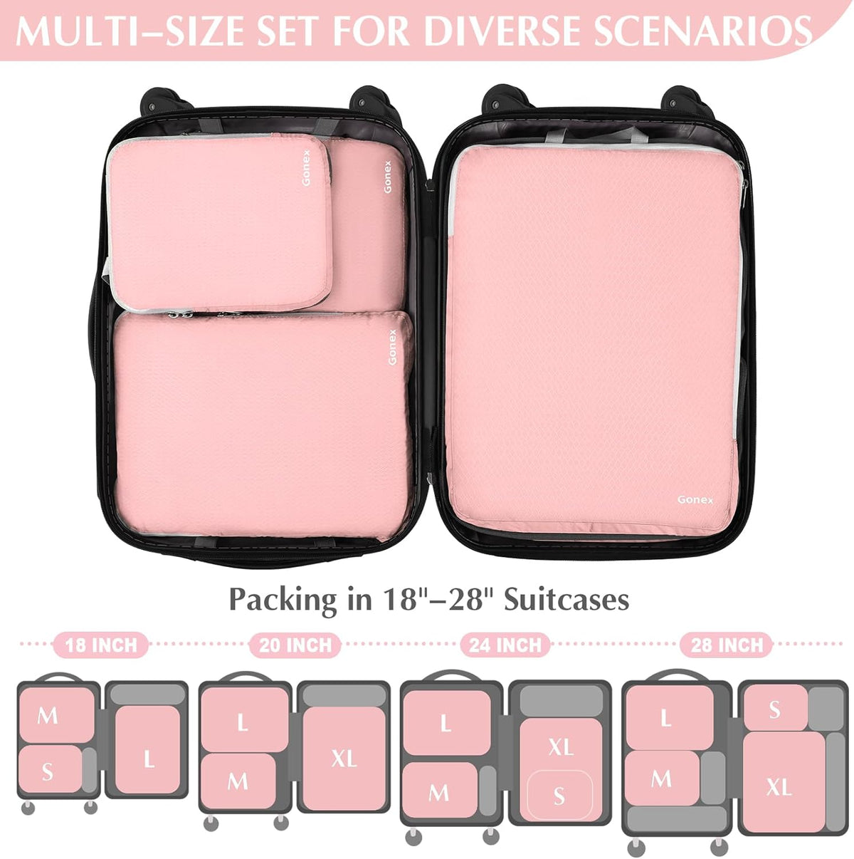 Compression Packing Cubes, 4pcs Expandable Storage Travel Luggage Bags Organizers (Deep Gray)